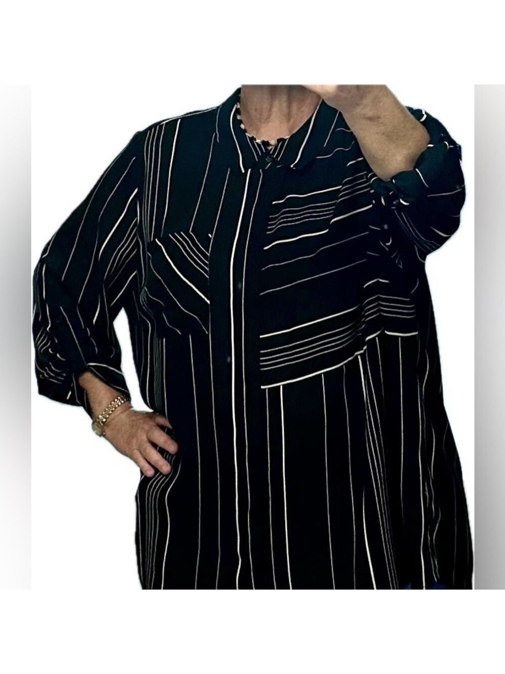 Catherines Black and White Striped Hidden Button Front, 3/4 Sleeve Tunic Size 2X